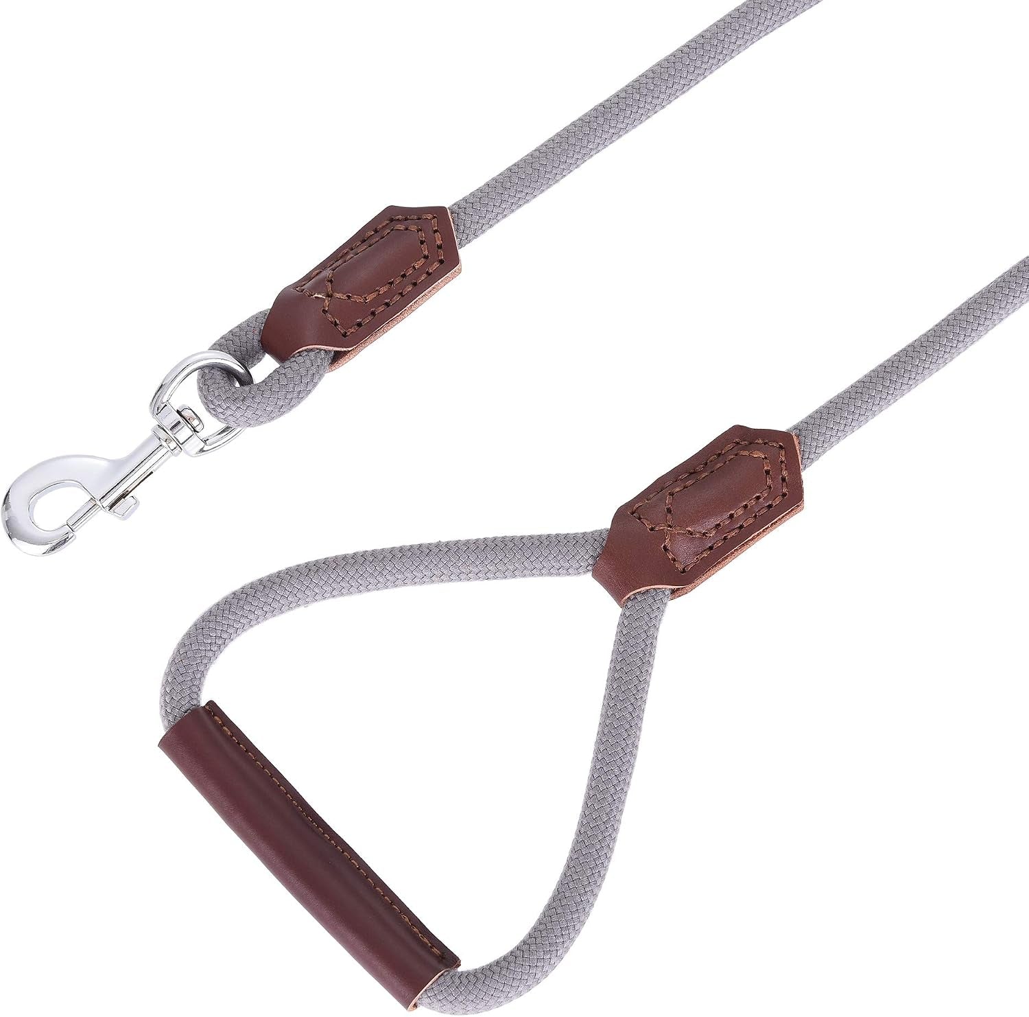 Dog Leash with Genuine Leather Connection/Handle, 4/5/6 FT | Rope Leash, Heavy Duty 360° Swivel Metal Clasp, for Small Medium & Large Dogs