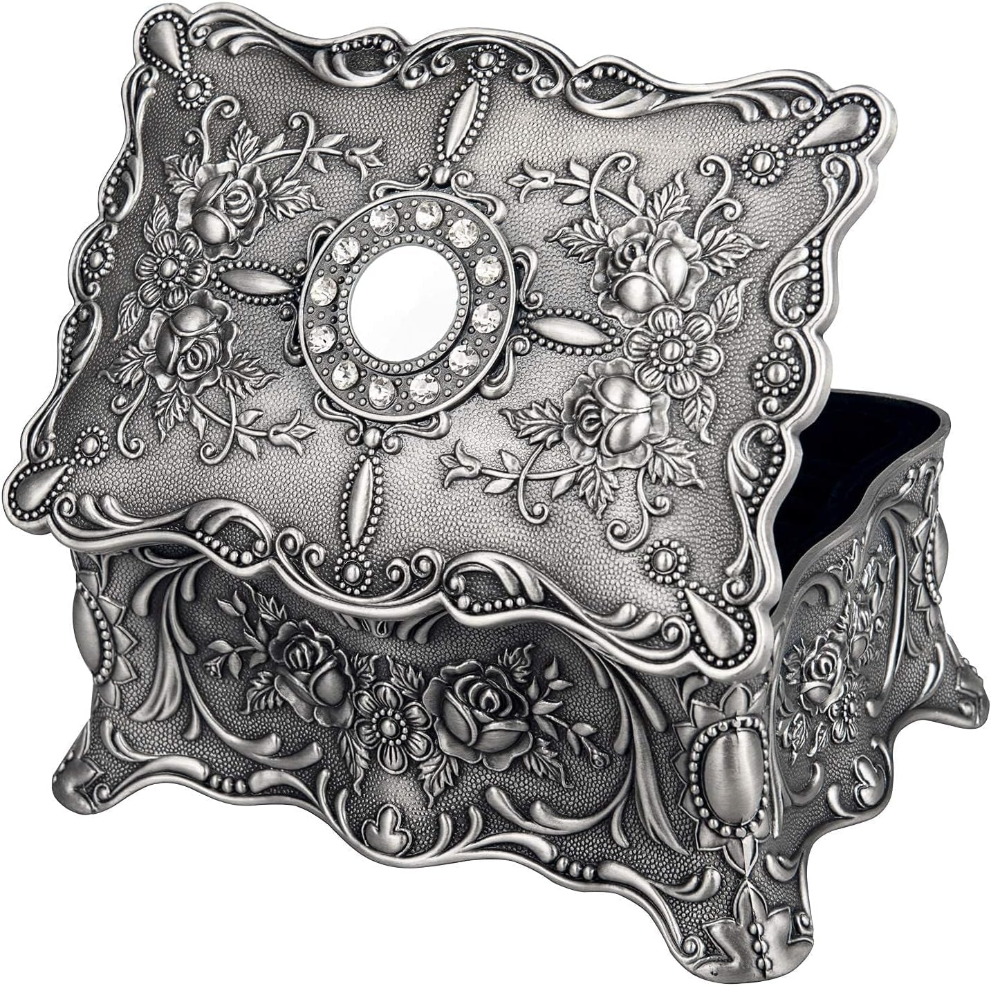 Vintage Trinket Jewelry Box Ring Earring Necklace Treasure Chest Case Classic Organizer Keepsake Box Ornate Antique Decorative Box for Girl Women Birthday Wedding Gift(Pewter)