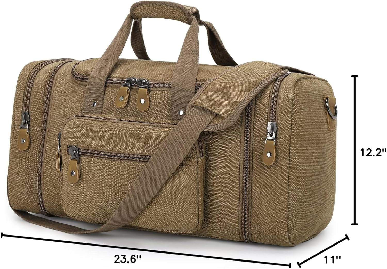 Canvas Duffle Bag, Expandable 60L Travel Overnight Weekender Bag | Multiple Pockets, Carry-On Size, Durable Zippers, Detachable Strap, for Men & Women, Coffee