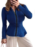 Casual Denim Peplum Jacket for Women Long Sleeve Zip Front Athletic Workout Ruffle Blazer Coats