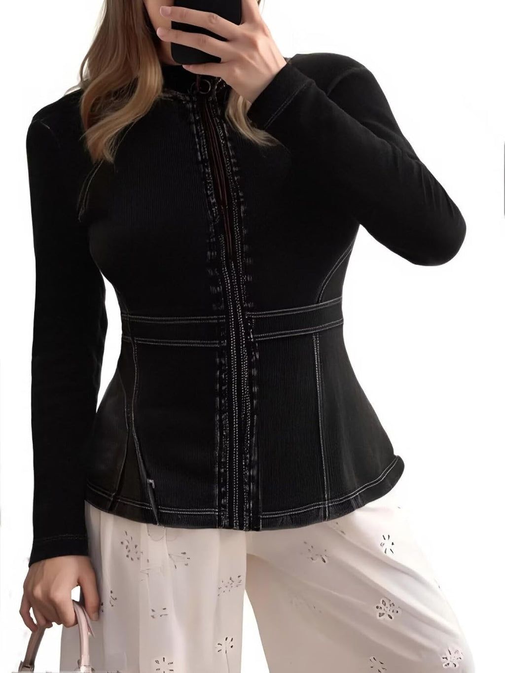 Casual Denim Peplum Jacket for Women Long Sleeve Zip Front Athletic Workout Ruffle Blazer Coats