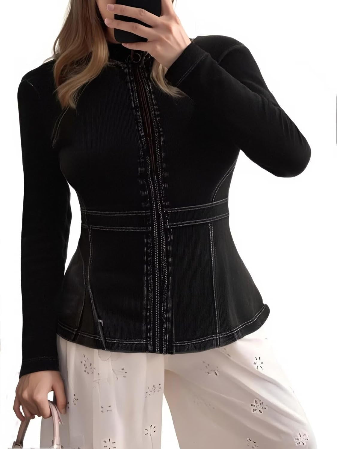 Casual Denim Peplum Jacket for Women Long Sleeve Zip Front Athletic Workout Ruffle Blazer Coats