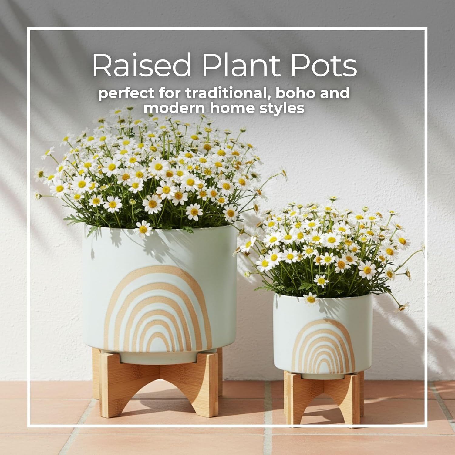 Arch Ceramic Planters with Wooden Stand for Home Decor Flower Pots for Living Room, Entryway, Patio, and Garden - Raised Plant Pots Fo Indoor and Outdoor Plants - Set of 2, 11", 7", Green & Tan