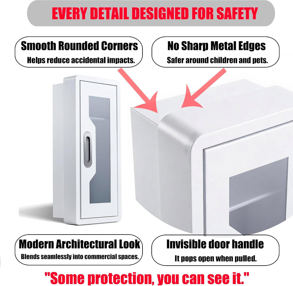 Rounded Corner Semi Recessed Steel Fire Extinguisher Cabinet White 2PC | for 2.5/5/10 LB Extinguisher ，Heavy-Duty Wall Mount Box ，Invisible Handle, Transparent Window, Indoor/Outdoor Use