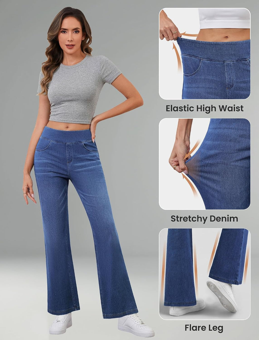 Women’S Trendy Stretchy Flare Jeans Pull on Casual Denim Pants | High Waisted Jeans with Pockets, Bootcut Leg, Soft Stretch Denim, Elastic Waist, Loose Fit, Casual Daily Wear, Work, Travel