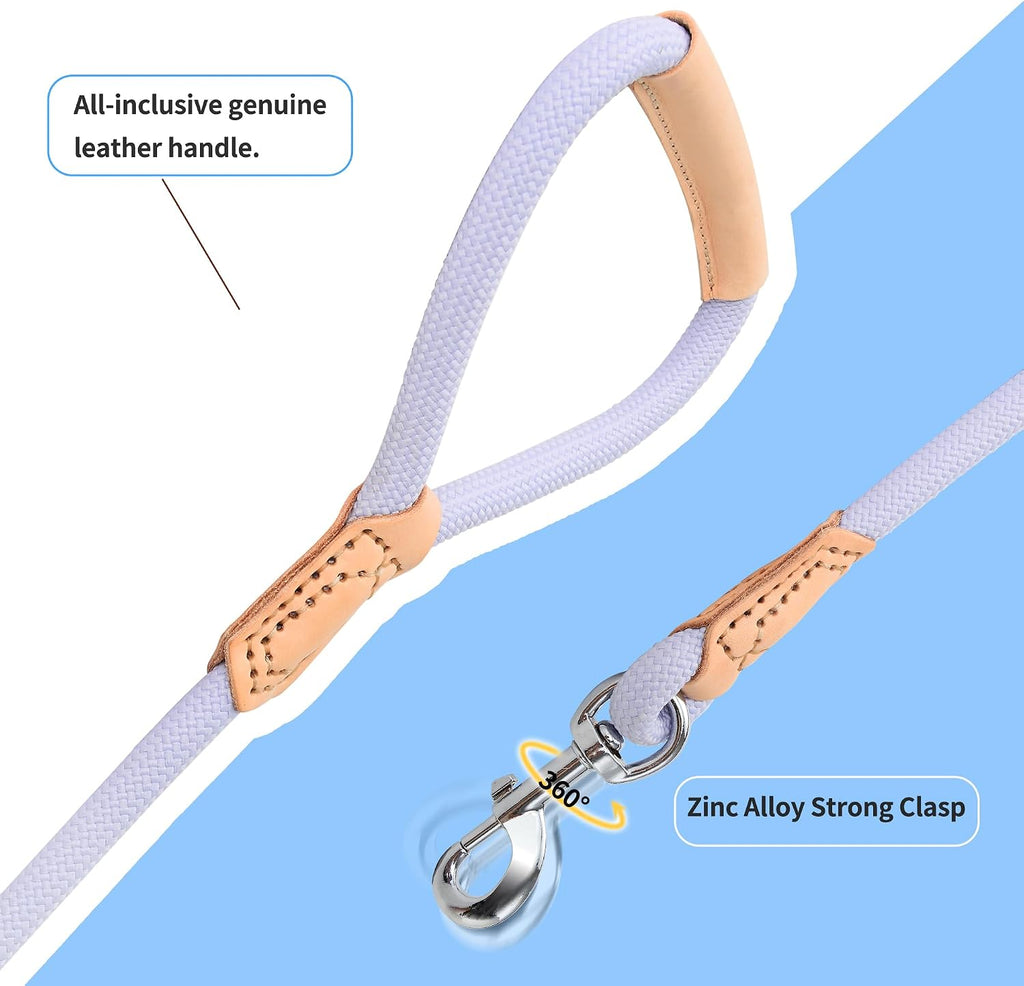 Dog Leash with Genuine Leather Connection/Handle, 4/5/6 FT | Rope Leash, Heavy Duty 360° Swivel Metal Clasp, for Small Medium & Large Dogs