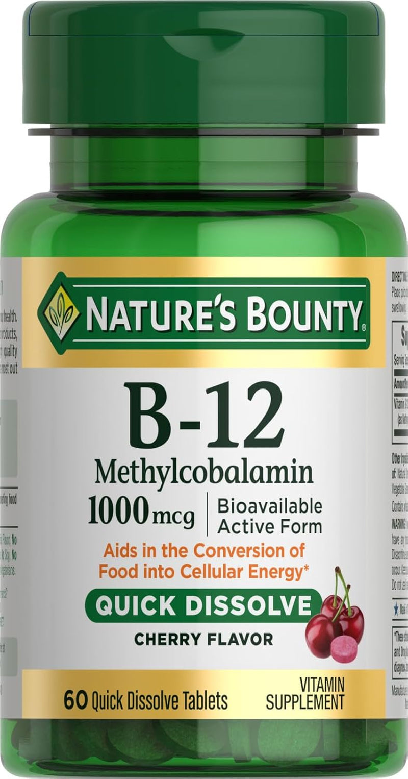 Vitamin B-12 Quick Dissolve Tablets, 1000Mcg, Aids in the Conversion of Food into Cellular Energy, Cherry Flavor, 60Ct