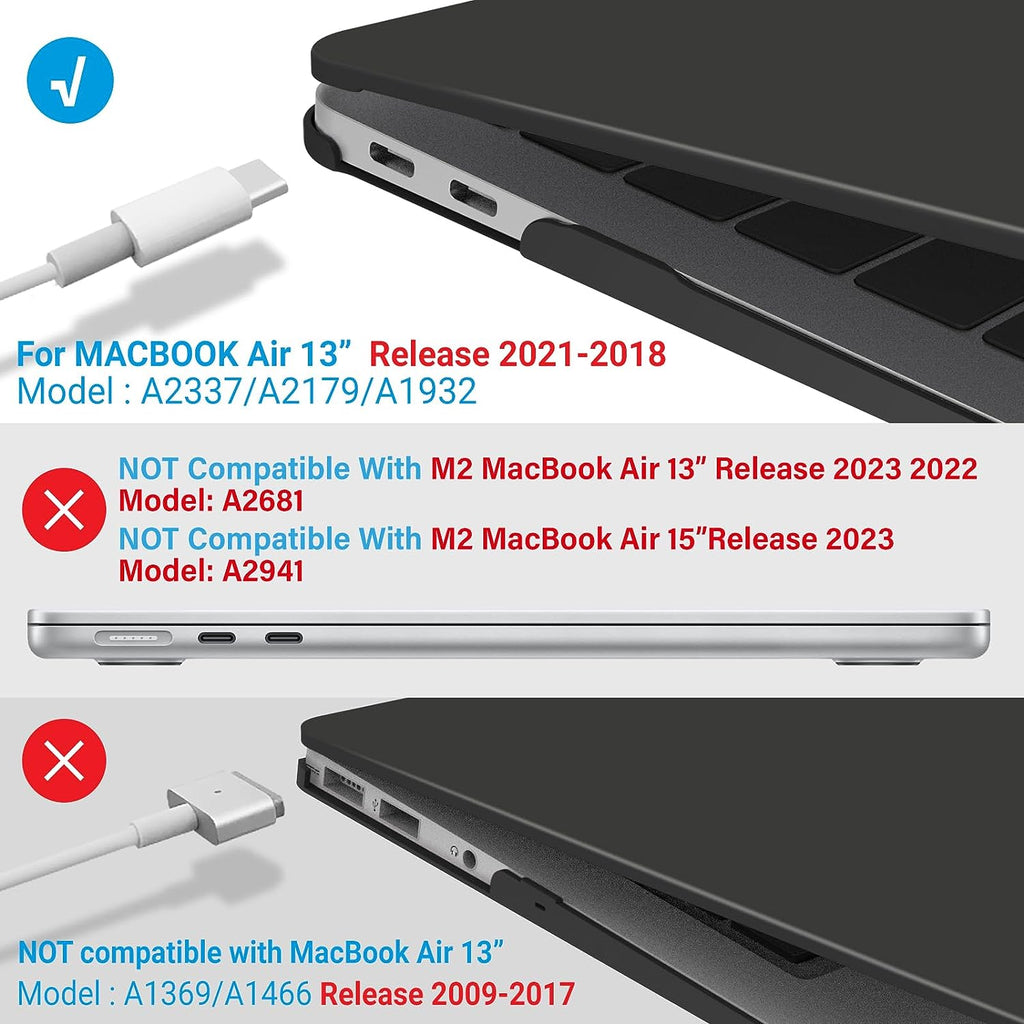 Compatible with New Macbook Air 13 Inch Case 2022 2021 2020 M1 A2337 A2179 A1932, Plastic Hard Shell Case with Keyboard Cover for Mac Retina Display with Touch ID, Black, MMA-T13BK+1A