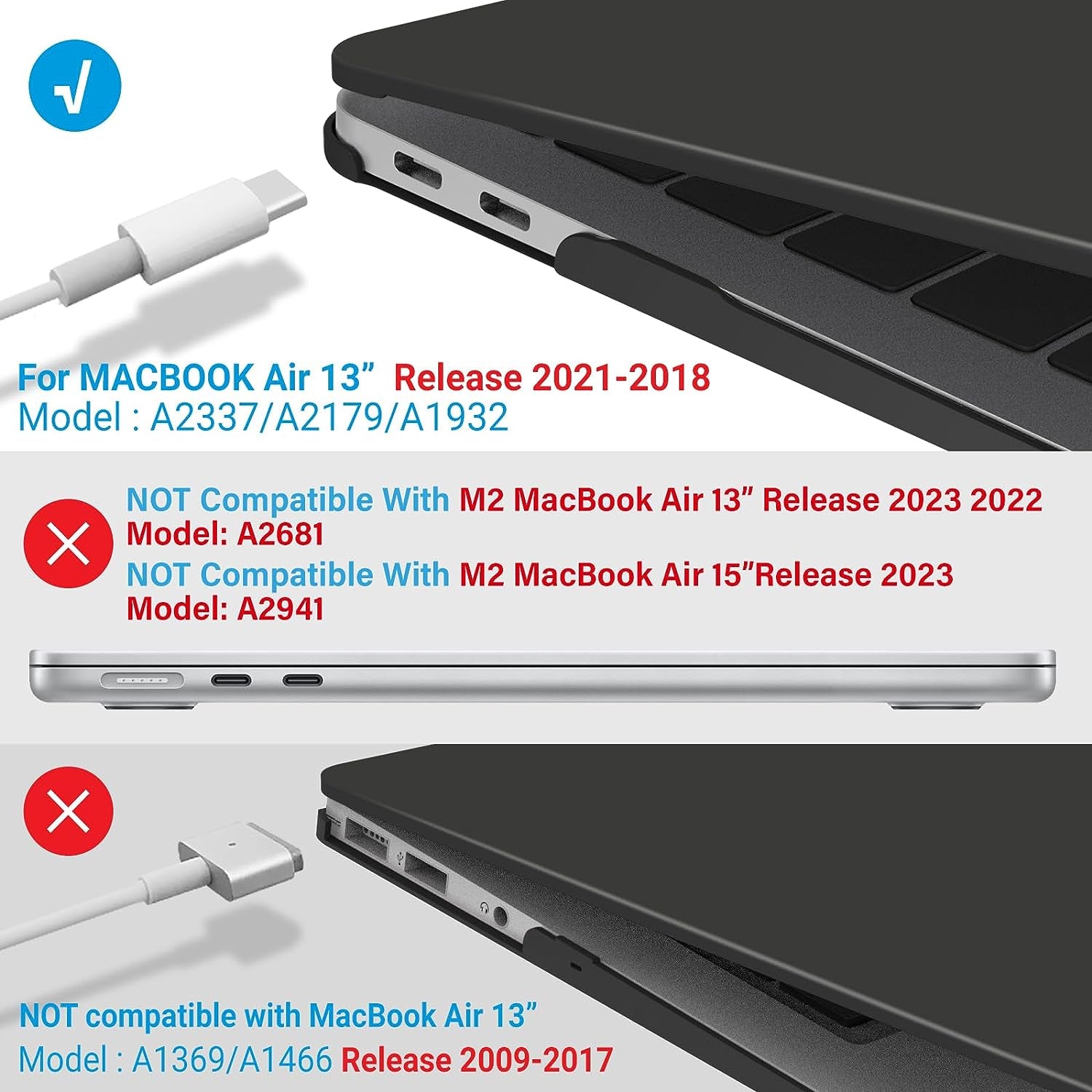 Compatible with New Macbook Air 13 Inch Case 2022 2021 2020 M1 A2337 A2179 A1932, Plastic Hard Shell Case with Keyboard Cover for Mac Retina Display with Touch ID, Black, MMA-T13BK+1A