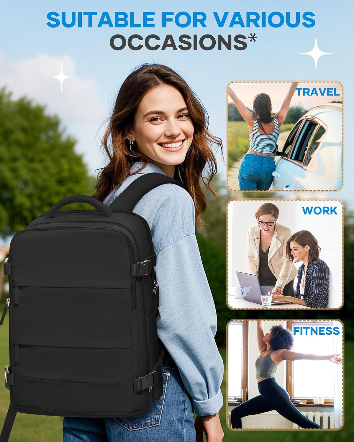 Large Black Travel Backpack for Women Men Airline Approved Carry on Backpack Flight Approved Waterproof Sports Luggage Backpacks Casual Daypack Small Hiking Backpacks
