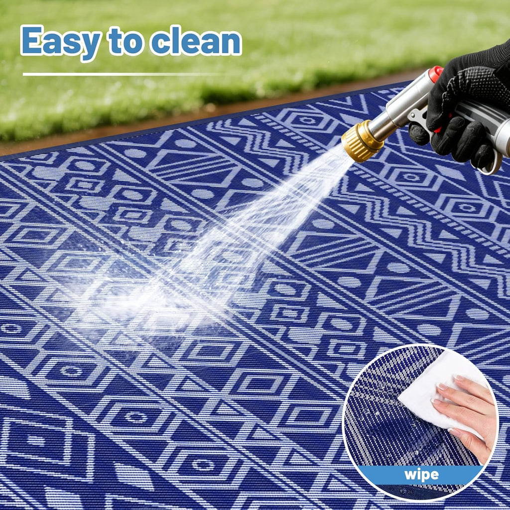 Outdoor Rug 5X8 Ft Waterproof, Reversible Plastic Straw Rug, Patio Rug, Outdoor Area Rug for RV Camping, Porch, Deck, Balcony, Backyard, Picnic, Beach, Garden, Camper, Blue & White