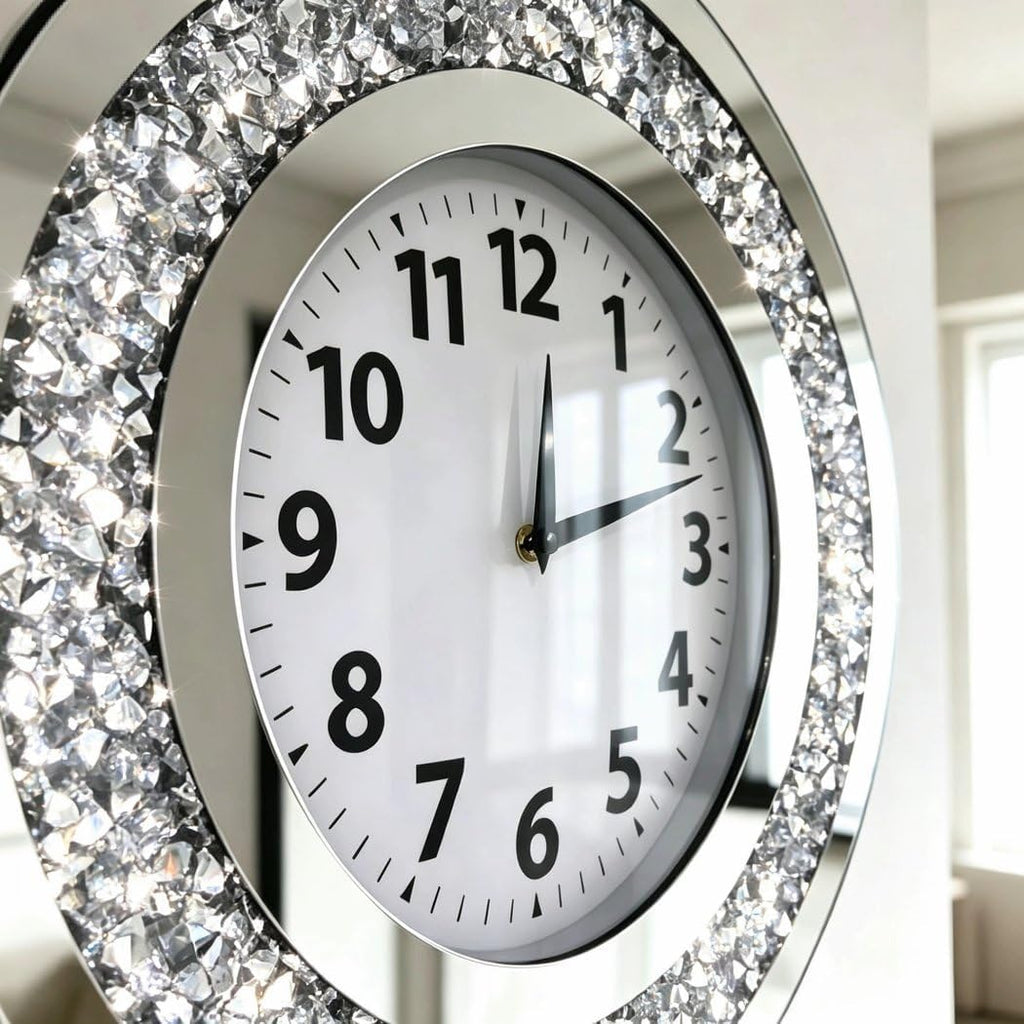Acrylic Glass Diamond Decor round Clock, 15.7X15.7X1.7 Inches Silver Glass round Decorative Clock, Silent Quartz Movement (No Second Hand), Modern Sparkle Home Decor (AA Battery Not Included)