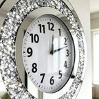 Acrylic Glass Diamond Decor round Clock, 15.7X15.7X1.7 Inches Silver Glass round Decorative Clock, Silent Quartz Movement (No Second Hand), Modern Sparkle Home Decor (AA Battery Not Included)