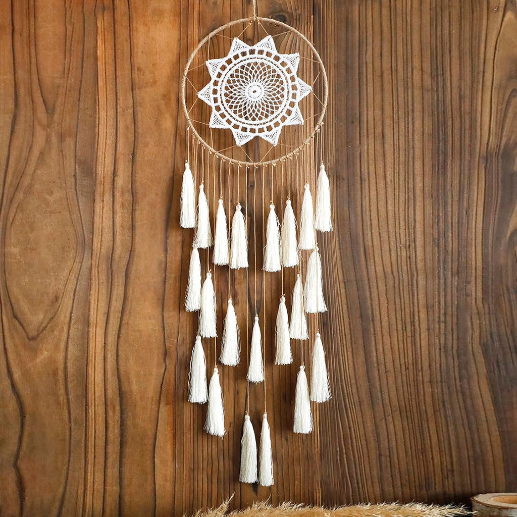 Macrame Dream Catcher Wall Hanging, Beige Large Boho Bedroom Decor | Handmade Tassel Feather Ornament, Natural Cotton, Modern Chic Living Room Nursery Art Decor, Blessing Gift for Women Girls