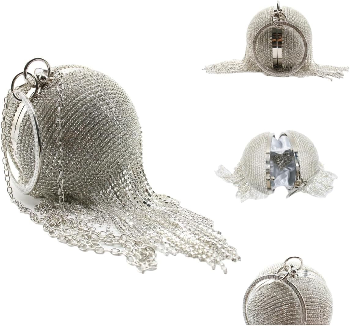 Women round Ball Crystal Evening Clutch Purse Tassel Wedding Party Hand Bags