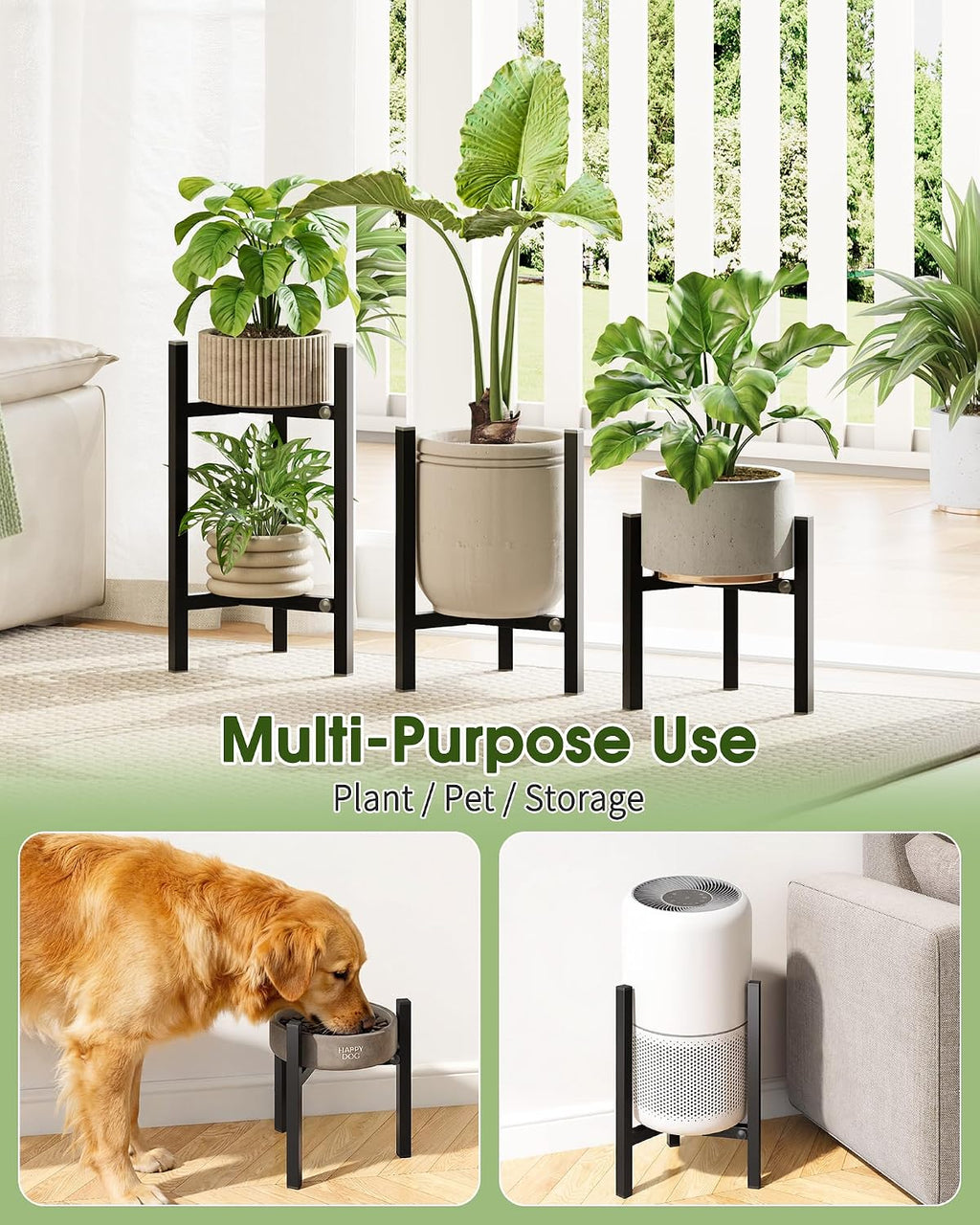3 Pack Plant Stand Indoor Adjustable, Metal Modern Indoor Plant Stand, Heavy Duty Single Plant Stands Outdoor Corner, Stable Plant Holder Indoor Stand, Fits 8 to 12 Inches Pots, Black