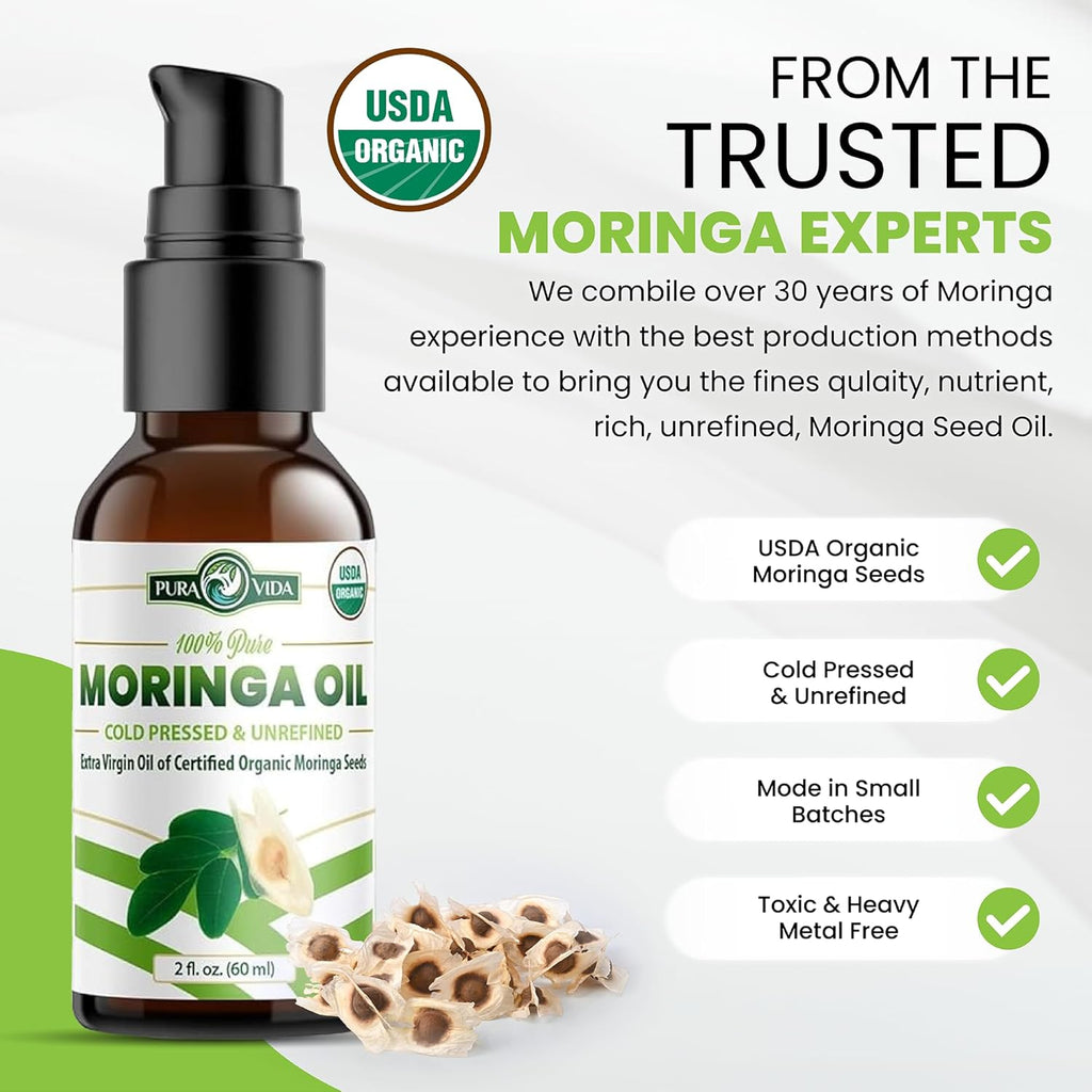 USDA Organic Moringa Seed Oil: 100% Pure, Cold Pressed, Unrefined Moringa Oleifera Seed Oil. 2 Oz Bottle with Treatment Pump. for Skin and Hair - Food Grade for Oral Consumption