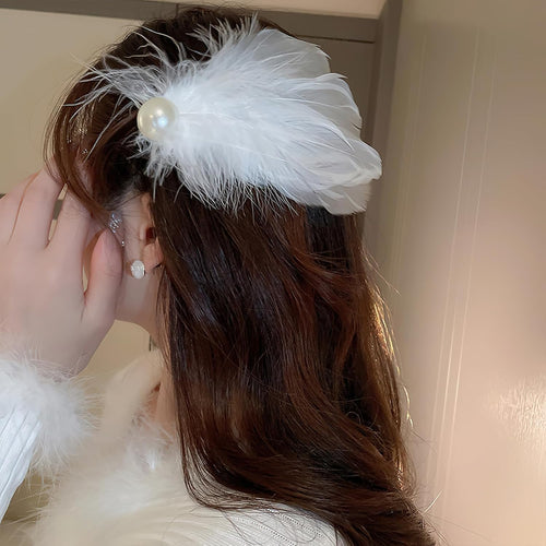2 Pcs White Swan Feather Hair Clips Pearl Ostrich Hair Pins Ballet Style Stage Performance Headpiece Hair Accessories for Women Girls