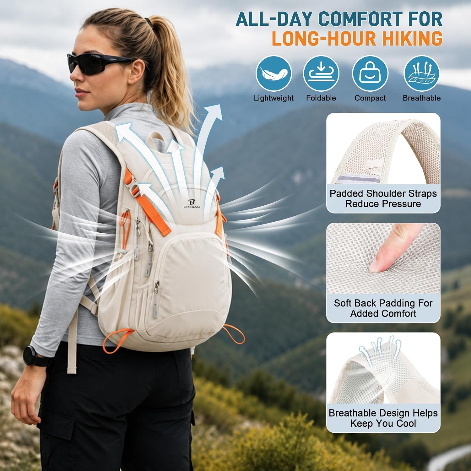 15L Hiking Backpack Lightweight Travel Backpacks Water-Resistant Daypack Fits Cycling Helmets for Men Women for Daily Outdoor Camping, Beige