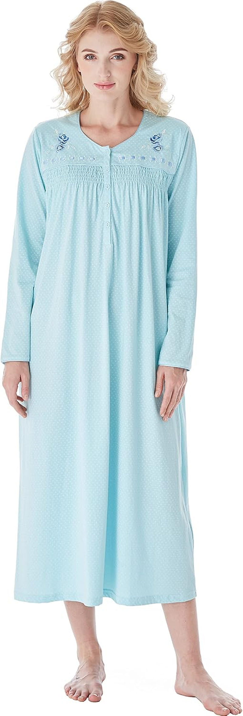 Nightgowns for Women, Soft Cotton Comfy Lightweight Embroidered Long-Sleeve Nightdress
