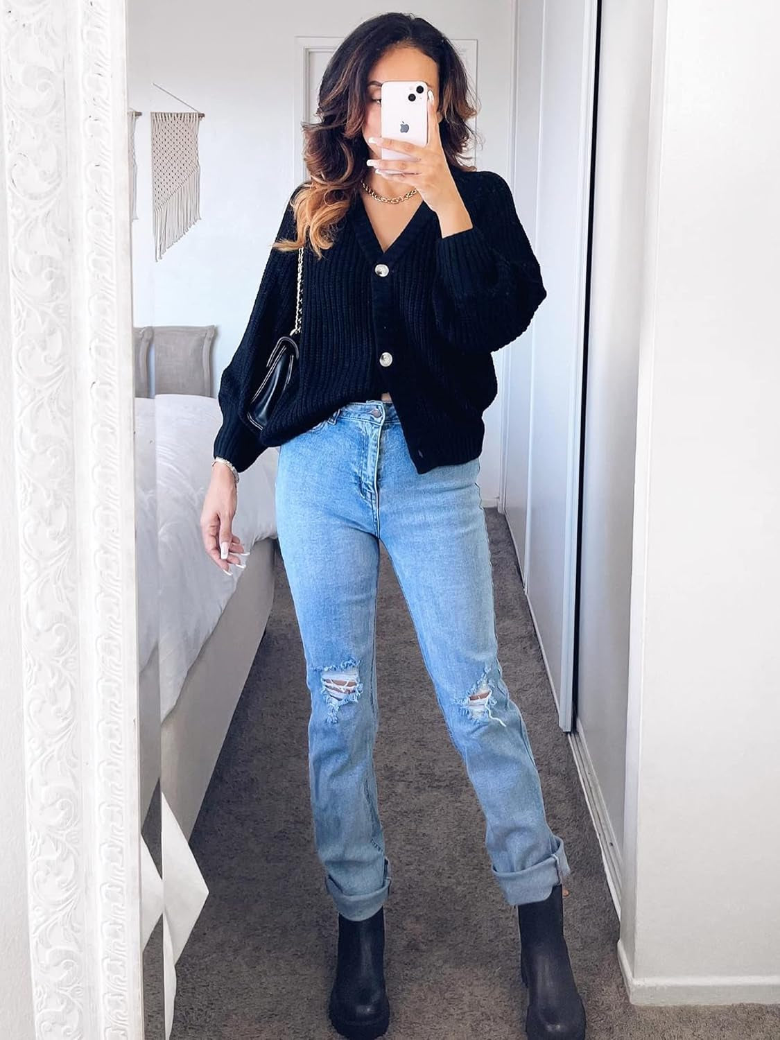 Women'S Chunky Knit Open Front Cardigan Sweaters Fall Outfits | V Neck Button Loose Short Cardigan Outerwear Coats, Slouchy Drop Shoulder Loose Cute Sweaters, Fall Clothes for Work & Office