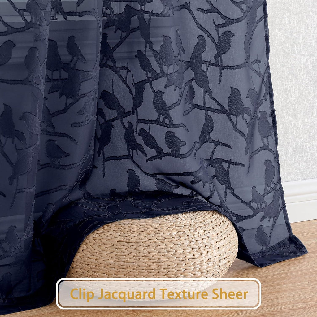 Textured Navy Blue Sheer Curtains 84 Inches Long 2 Panels Set, Light Filtering Leaf Bird Jacquard Voile Semi Sheer Curtains for Bedroom, Dual Rod Pocket Farmhouse Window Drapes, 2X38Wx84L Inches