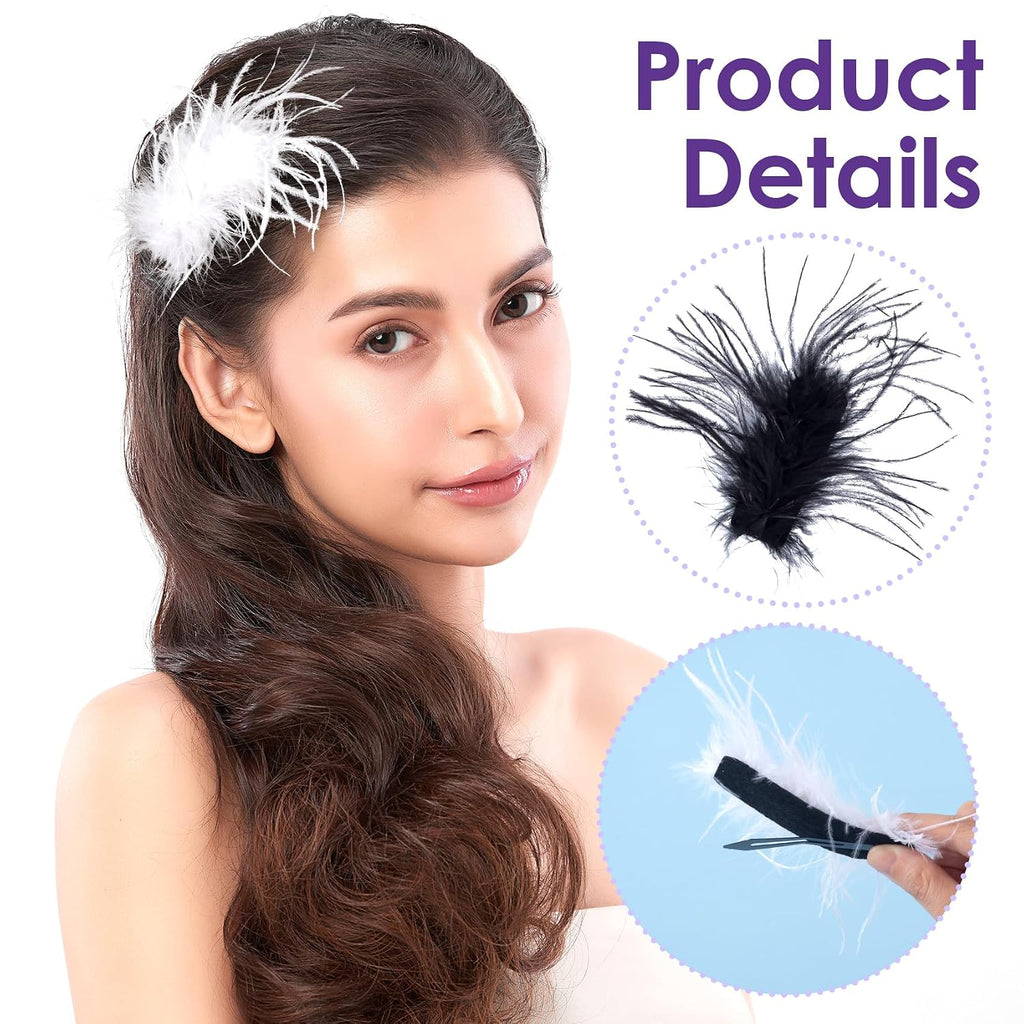 2Pcs Ostrich Hair Clip, Black/White Feather Hairgrip Retro Hair Jewelry Accessories for Women Bride Party Festival Valentine Wedding Engagement Birthday Christmas