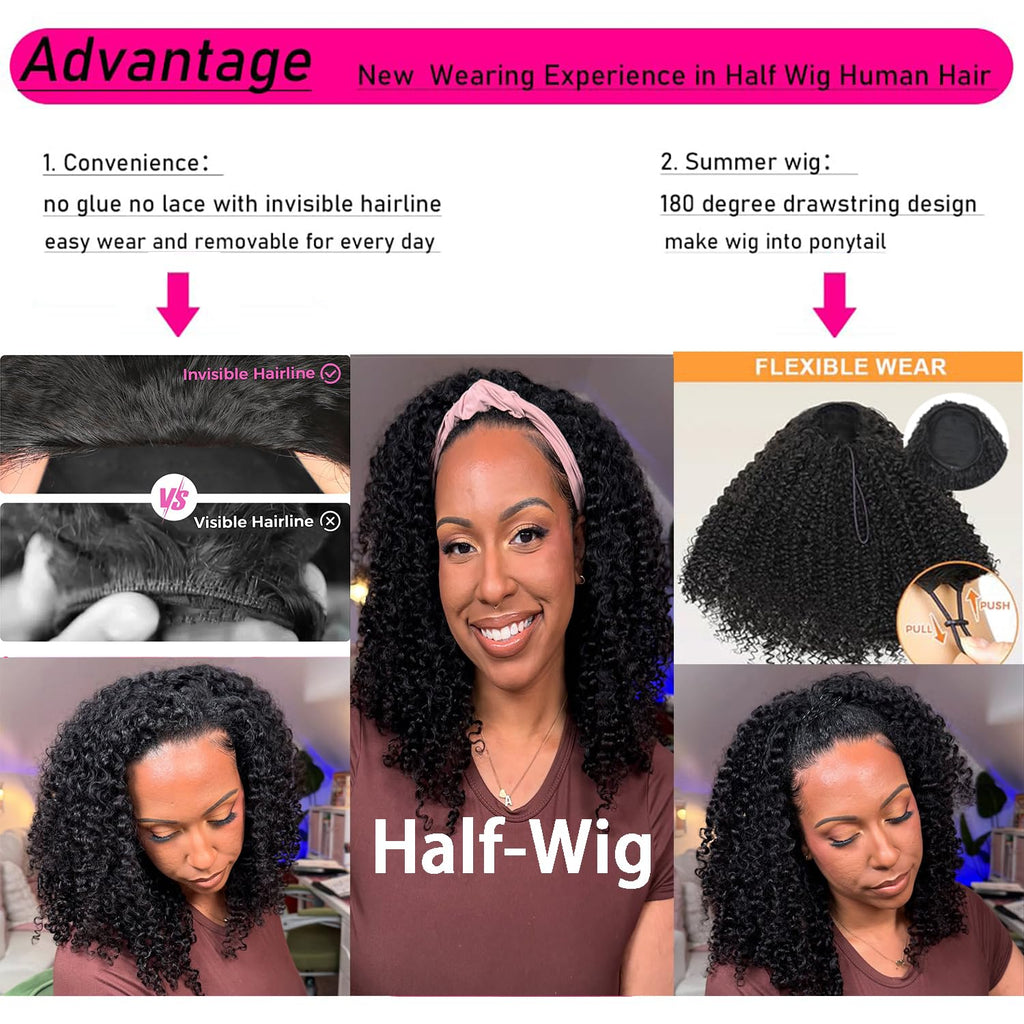 Half Wig Human Hair 3 in 1 Special Curly Half Wigs for Black Women 200% Density Wear and Go Glueless Wig Drawstring Ponytail Seamless Flip over No Lace Headband Wig Beginner Friendly 20 Inch