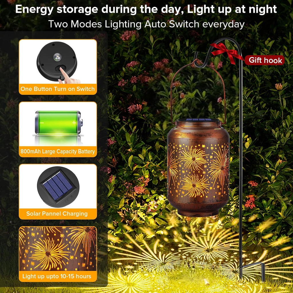 Solar Lanterns Outdoor Waterproof - Hummingbird Solar Lights for Garden, Hanging Metal Lantern Decor for Patio, Yard - Christmas Mothers Day Gifts for Women, Mom, Grandma (Fireworks, 1)