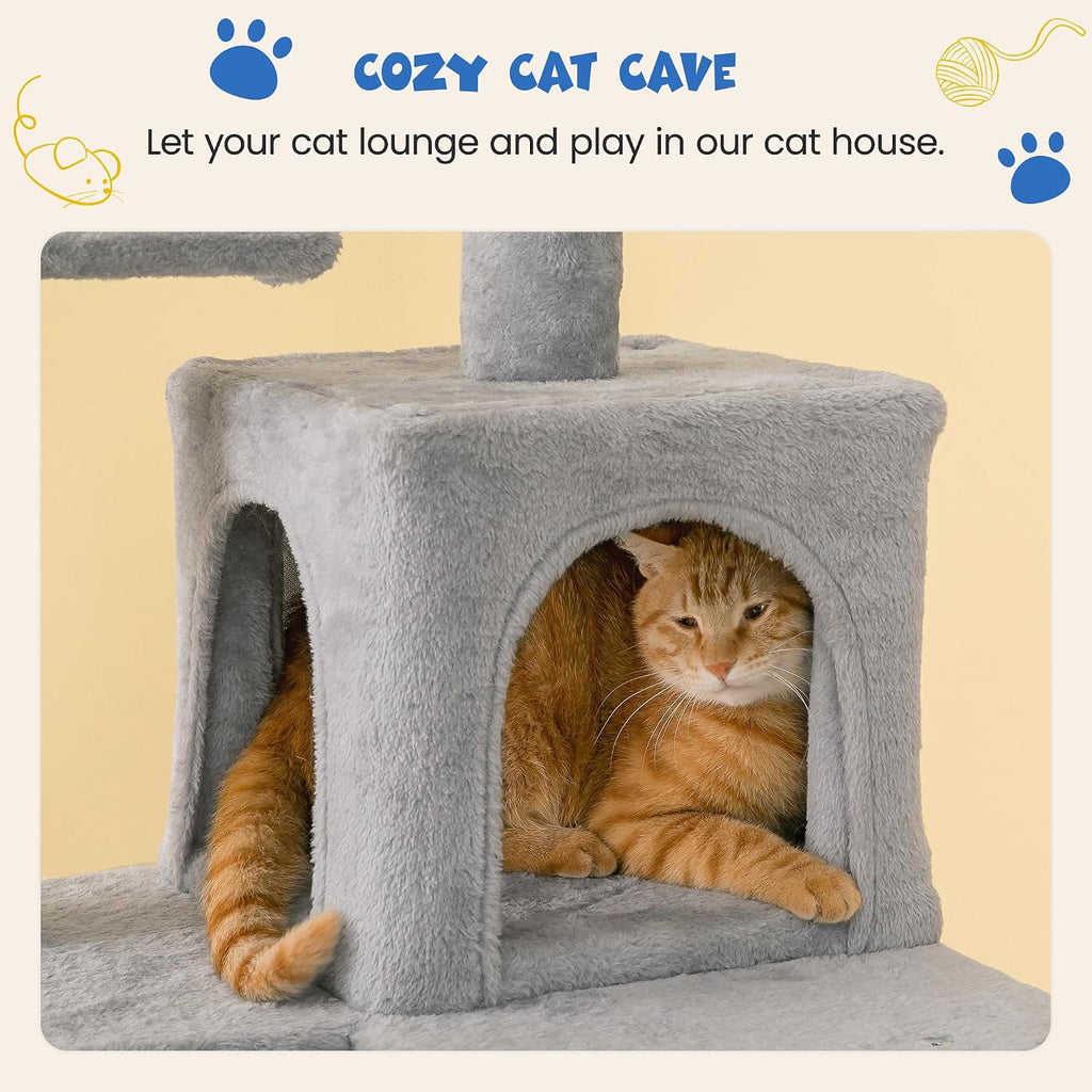 63.8 Inches Multi-Level Cat Tree for Large Cats with Sisal-Covered Scratching Posts, Padded Platform, Hammock and Condo,Stable Cat Tower Cat Condo Pet Play House-Light Gray
