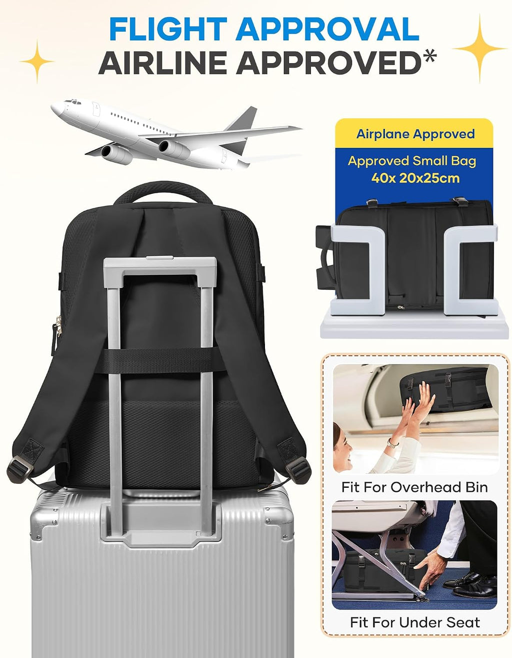 Large Black Travel Backpack for Women Men Airline Approved Carry on Backpack Flight Approved Waterproof Sports Luggage Backpacks Casual Daypack Small Hiking Backpacks