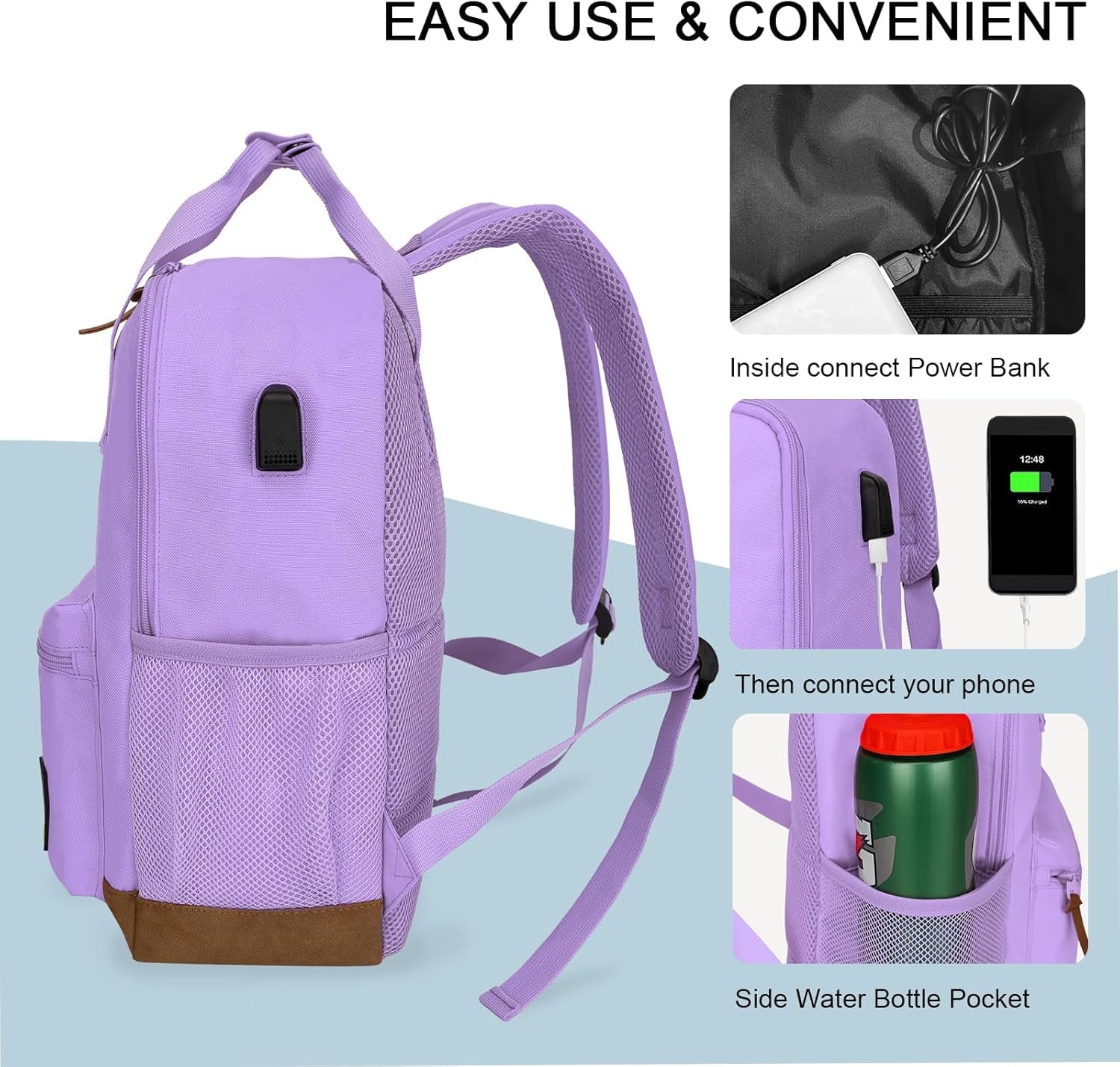 Small Carry on Travel Backpack with USB Charging Port, Lightweight Water Resistant Mini Carry-On Backpack for Men Women, Compact Personal Everyday Backpack,Purple