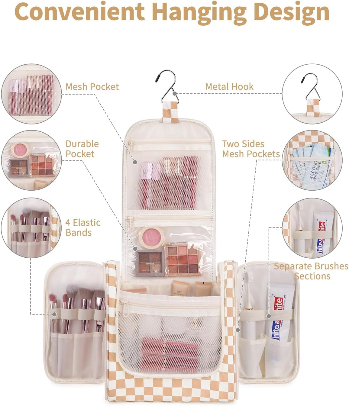 Checked Hanging Travel Toiletry Bag for Women, Travel Bag for Toiletries, Makeup Bag Organizer Cosmetic Bags Make up Bags for Women (Light Checkerboard)