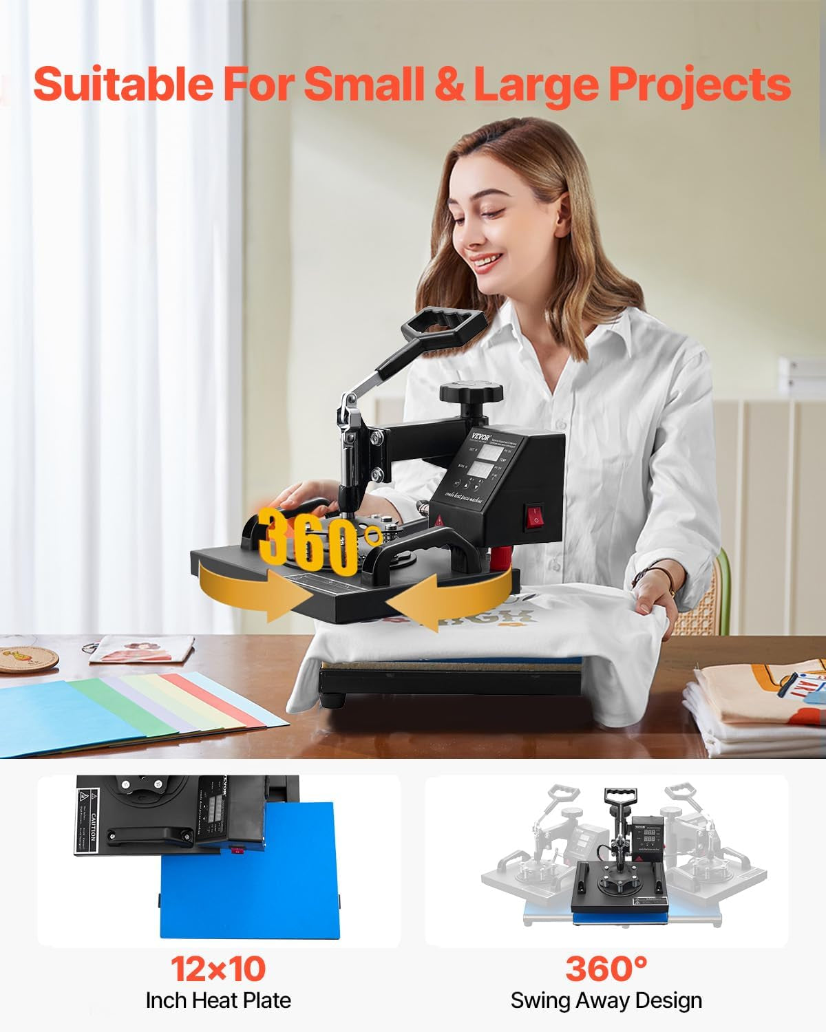Heat Press, 12X10In Heat Press Machine, Clamshell Sublimation Transfer Printer Fast Heat-Up, Digital Precise Temperature Control, Vinyl Heat Press for T-Shirts Bags Garments Mats Puzzles, 650W