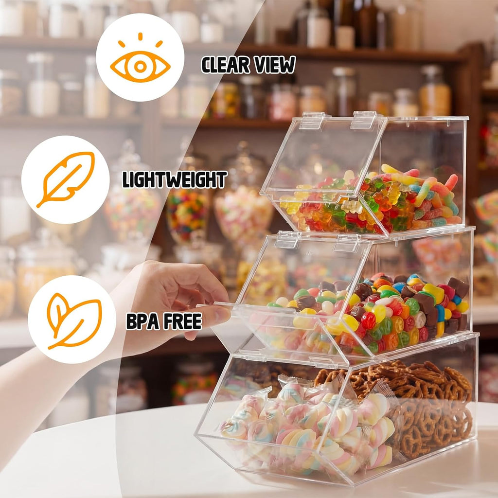 Set of 3 Stackable Candy Bins with Hinged Lid Small Medium Large Clear Acrylic Storage Bins Stackable Pantry Storage Caddys for Cereal Nuts Candies Snack Ice Cream Toppings and Wrapped Snacks
