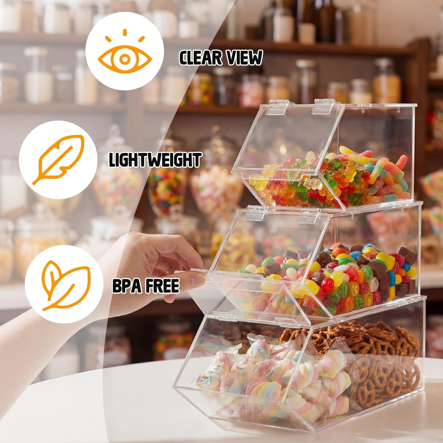 Set of 3 Stackable Candy Bins with Hinged Lid Small Medium Large Clear Acrylic Storage Bins Stackable Pantry Storage Caddys for Cereal Nuts Candies Snack Ice Cream Toppings and Wrapped Snacks