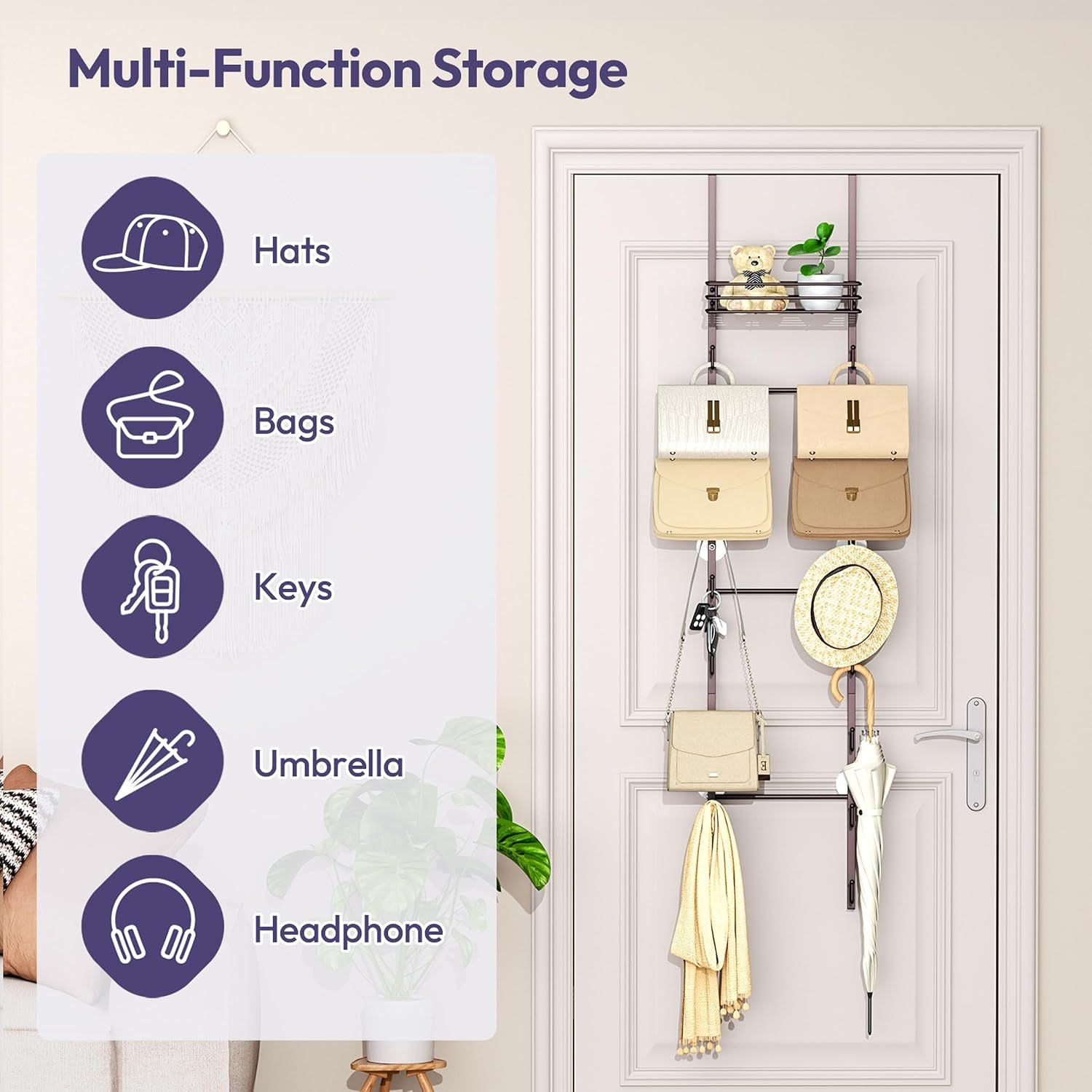 over the Door Purse Organizer - Wall Mounted Handbag Organizer with 16 Hooks and Metal Basket, Hanging Purse Storage Rack Holds up to 16 Bags, Bag Rack Can Use as 1/2 Part, for Door, Closet