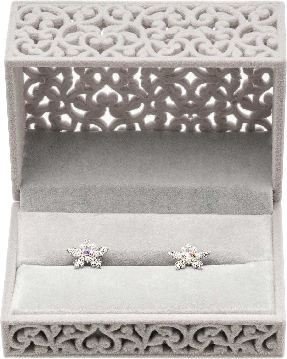 Hollow Velvet Ring Box Velvet Jewelry Box for Rings Couple Double Ring Bearer Box Engagement Gift (Gray)