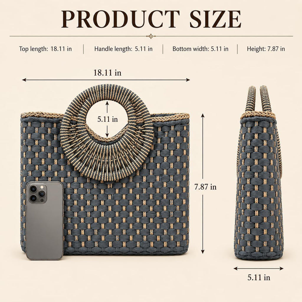 Hand-Woven Straw Bag Women Summer Beach Handbag Purse Retro Rattan Tote Clutch Travel Bag with Wood round Top Handle