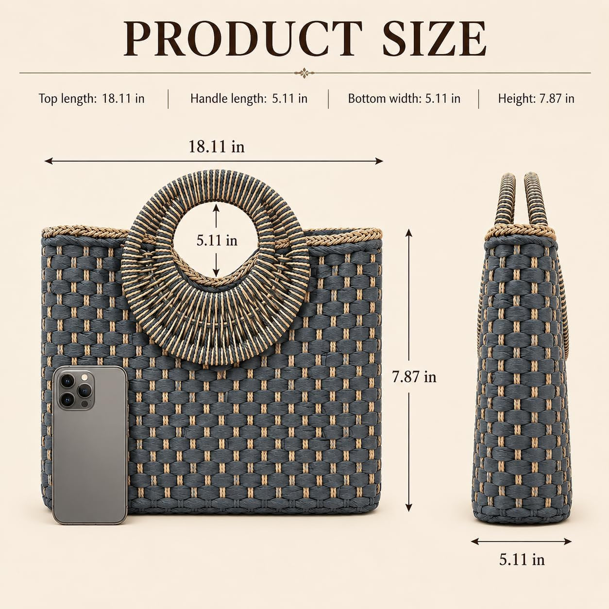 Hand-Woven Straw Bag Women Summer Beach Handbag Purse Retro Rattan Tote Clutch Travel Bag with Wood round Top Handle