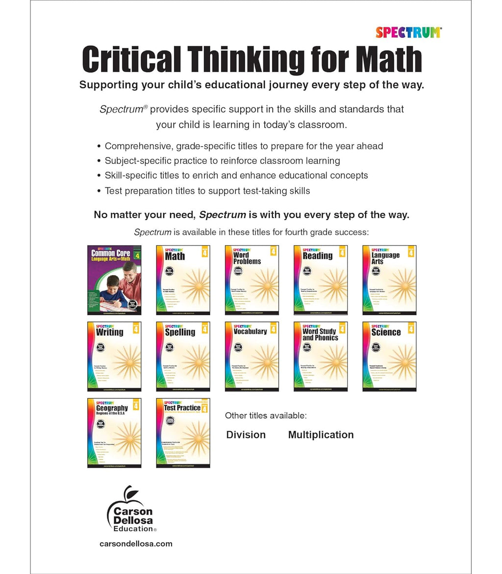 Spectrum Grade 4 Critical Thinking for Math Workbook, Ages 9 to 10, Multiplication, Division, Fractions, Decimals, Geometry, Critical Thinking 4Th ... 4Th Grade Math Workbook for Kids (Volume 46)