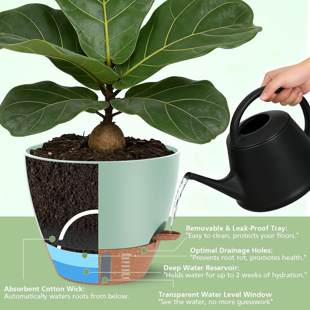 Self Watering Pots with Water Level Indicator, 12" 10" 9" 8" Large Plastic Flower Pots with Mesh Drainage Hole and Removable Saucer Reservoir for Indoor Outdoor Plants (Green)