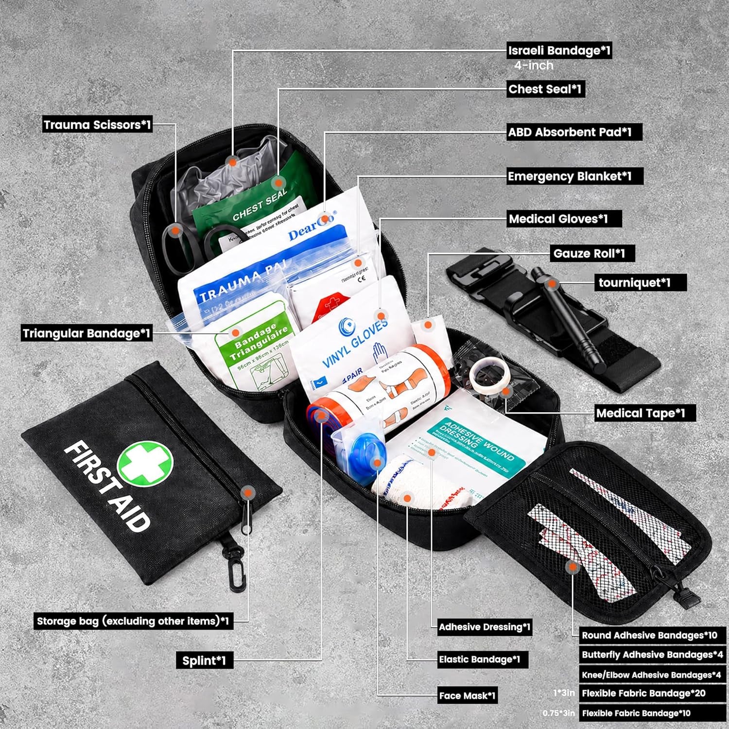IFAK Trauma Kit with Tourniquet, Israeli Bandage, Splint, Tactical First Aid Kit for Car, Camping, Hiking and Travel with Molle Bag (66 Pack)