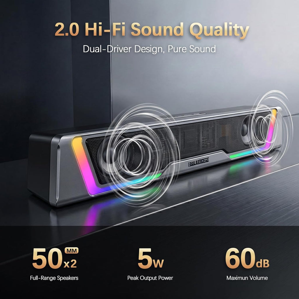 Computer Speakers for Desktop PC, AUX Wired Computer Sound Bar | USB Powered, Plug & Play, PC Speakers for Desktop & Laptop, RGB Lights, Inline-Controlled, Compact Design, Gaming Speakers