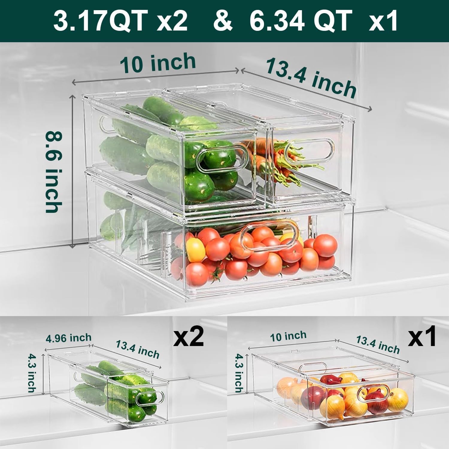 Fridge Drawers, 3-Pack Clear Stackable Pull Out Refrigerator Organizer Bins, Food Storage Containers for Kitchen, Freezer, Vanity & Fridge Organization and Storage (2 Small+1 Medium)