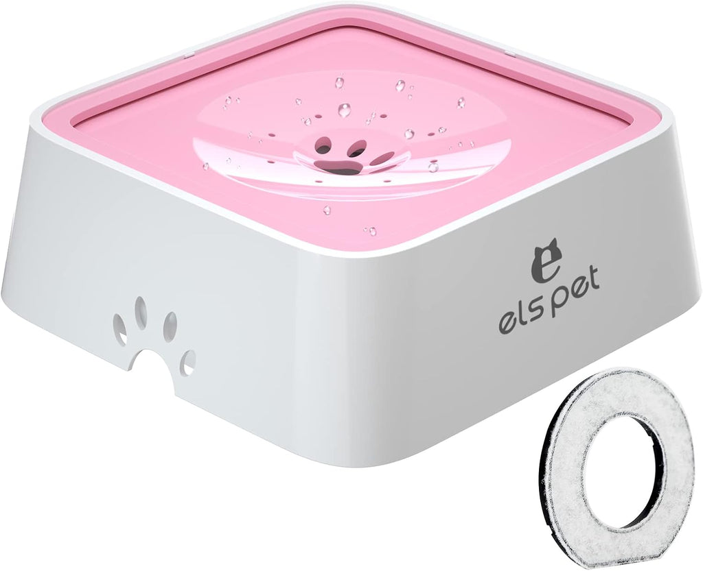 Water Bowl for Cats & Dogs 2L, No Spill Slobber Stopper, Slow Drink | Pink, Splash Proof Design, 70Oz Capacity, Floating Disk, Slow Drink, for Cats & Dogs, Travel and Home Use, Dishwasher Safe
