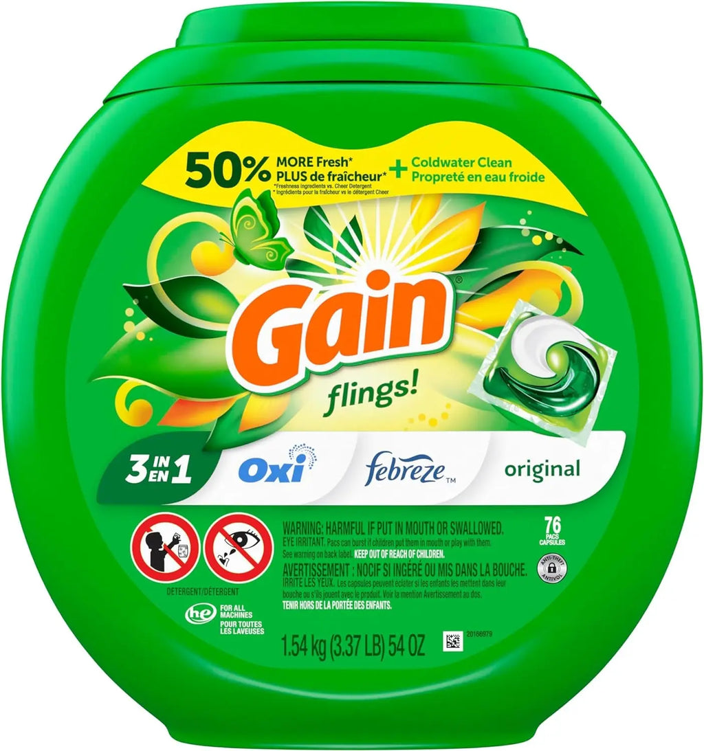 Flings Laundry Detergent Soap Pacs HE Compatible Long Lasting Scent, Original Scent, 76 Count