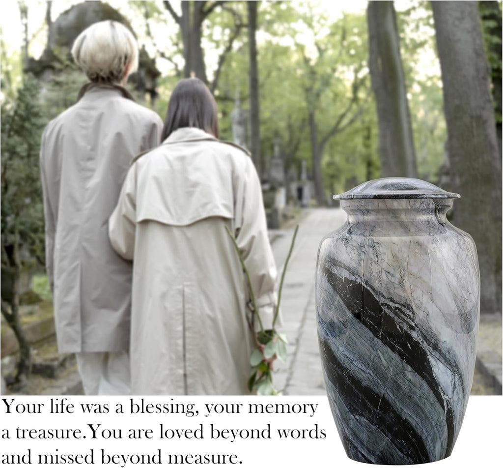 Memorial Cremation Urns for Human Ashes | Handcrafted Large Burial Marble Finish Adult Cremation Urn | Funeral Decorative Urns for Female & Male | 200 Lbs with Velvet Bag (Silver Wave)