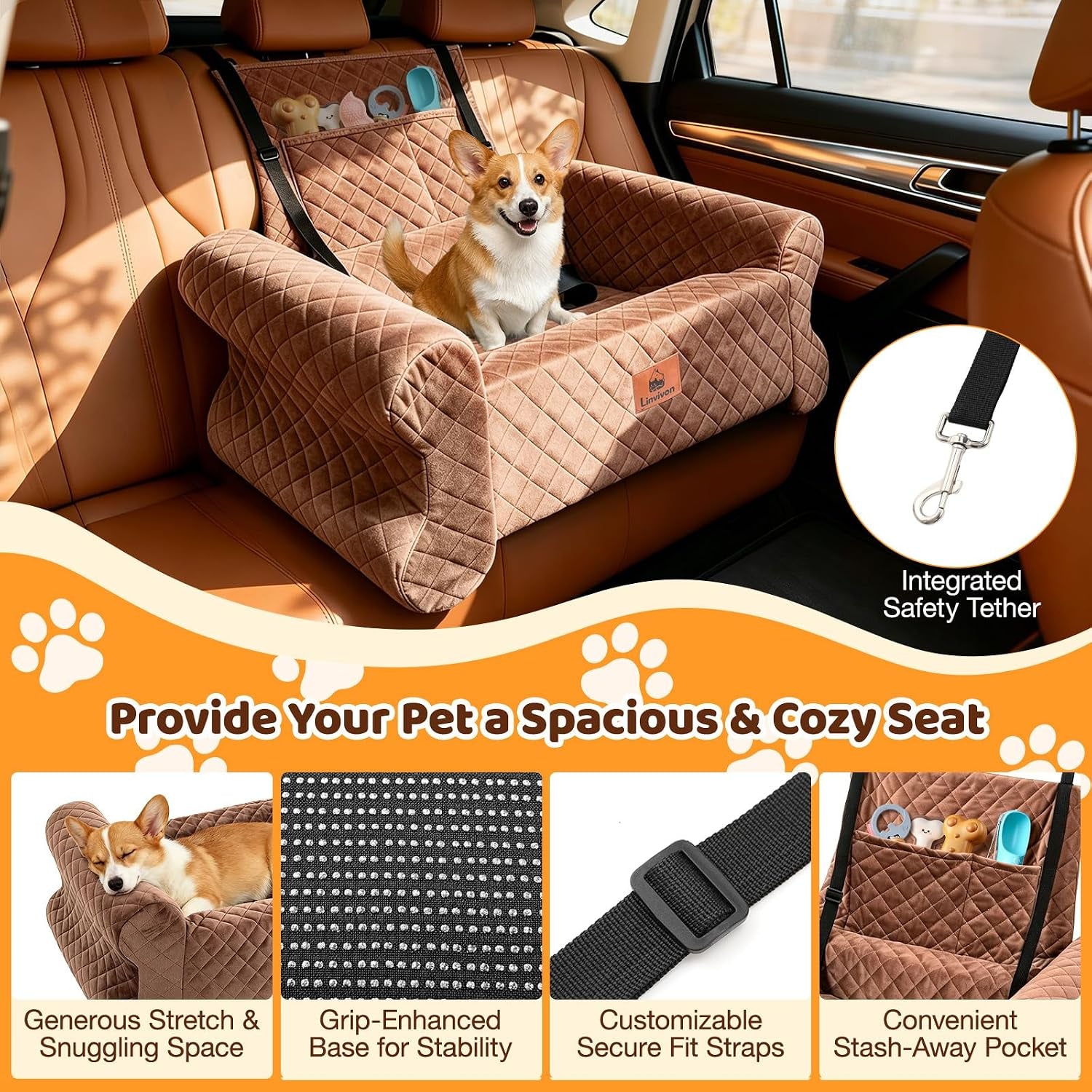 Dog Car Seat for Medium/Large Dogs up to 60LBS Memory Foam Dog Booster Seat | with Thick Cushion, Pet Car Seat for Back with Detachable Washable Cover, Storage Pockets for SUV, Pick Up, Trunk, Brown
