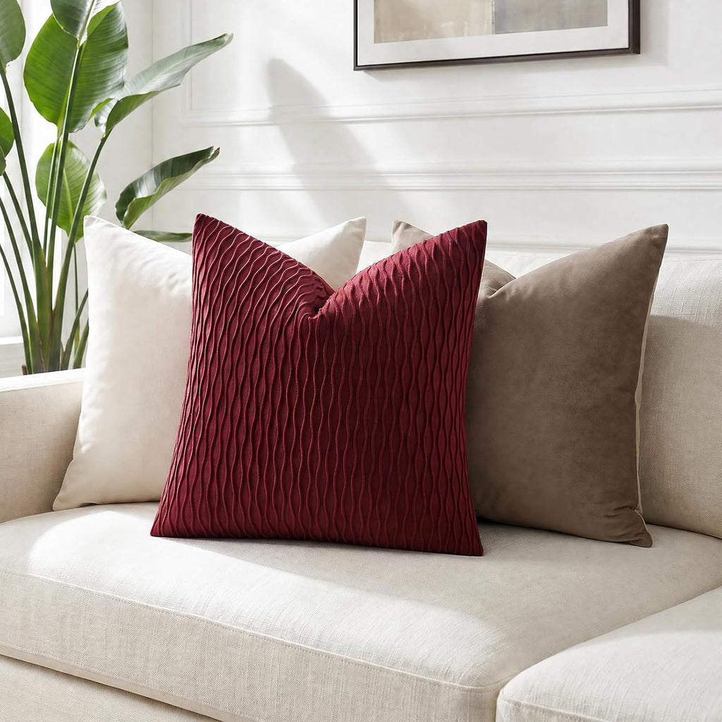 Burgundy Throw Pillow Covers: Pack of 2 24X24 Inch Vertical Ripple Striped Velvet Square Decorative Pillow Cases for Farmhouse Couch Sofa Bed Living Room Home Decor